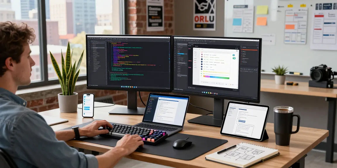 Developer using bigdewa login on dual monitors in a sleek workspace with modern tech elements.