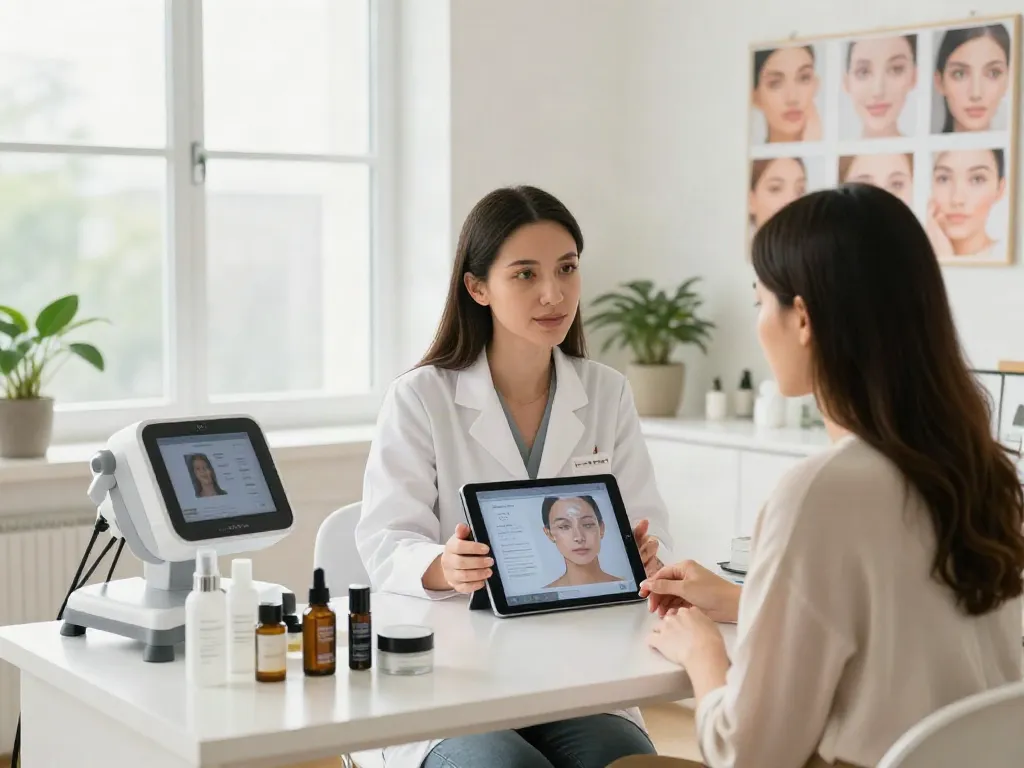 Beauty analysis expert discussing alternatives to QOVES with client.