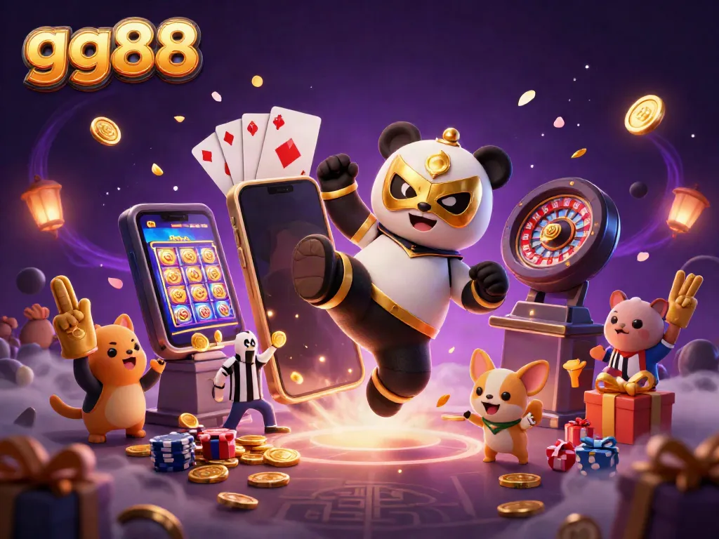 gg88 panda wrestler kicks while golden coins and slot game elements erupt in an exciting casino scene