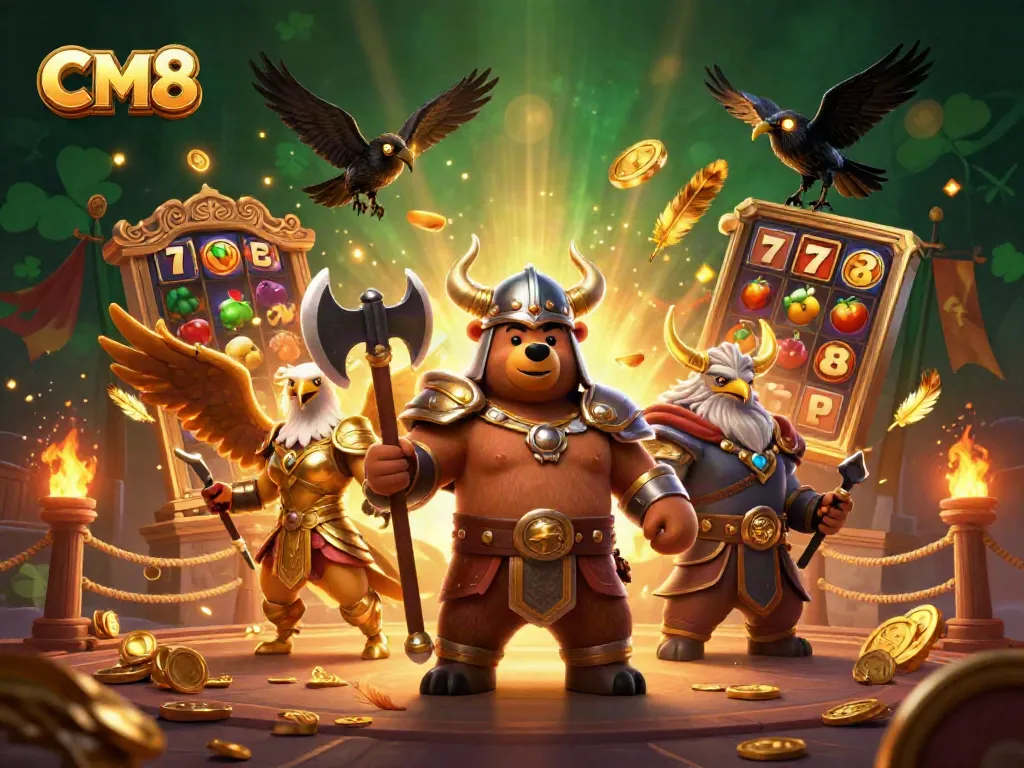 Engage with exciting CM8 casino slots featuring a Viking bear, Valkyrie eagle, and golden treasures.