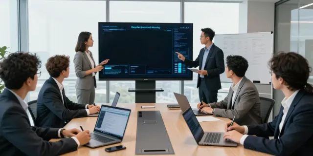 Deepfake protected meetings discussed by a diverse team in a modern conference room.
