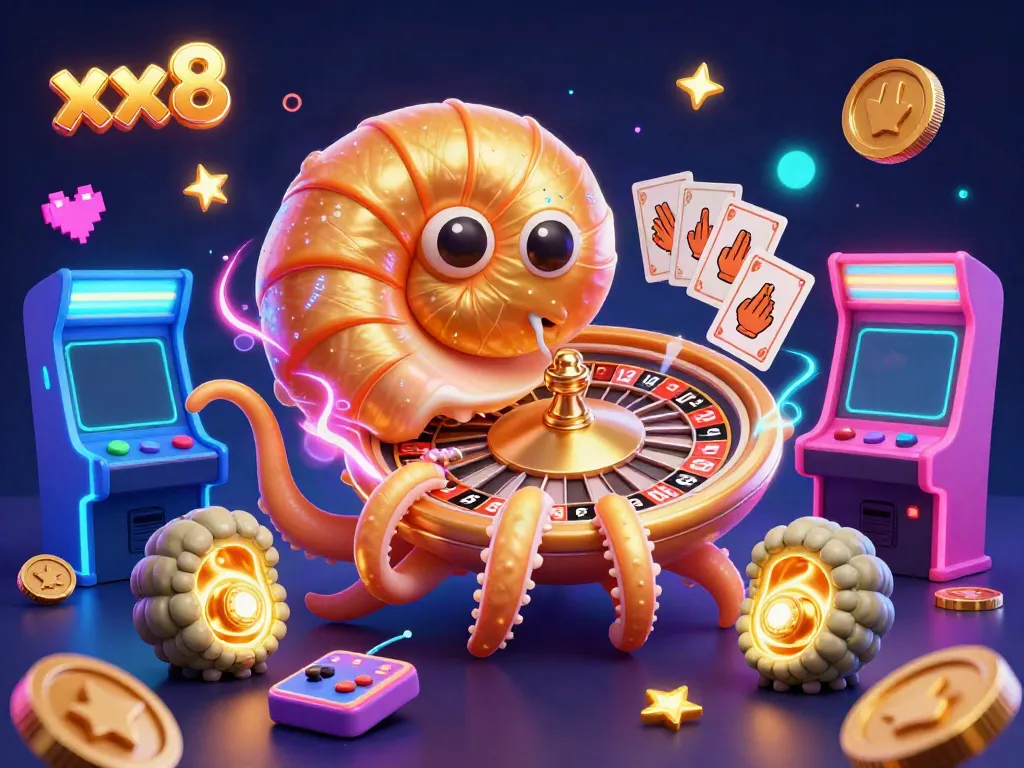 Experience the excitement of xx8 casino with a vibrant illustration featuring a giant nautilus as a roulette wheel, surrounded by colorful gaming elements.