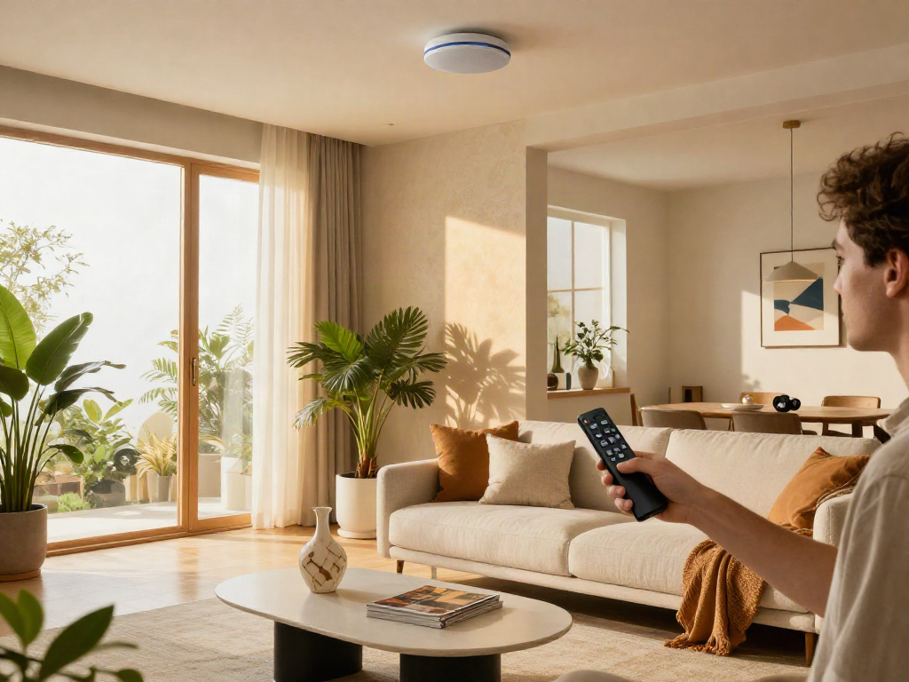 خرید اسپیکر سقفی: Homeowner testing stylish ceiling speaker in modern living room setting.