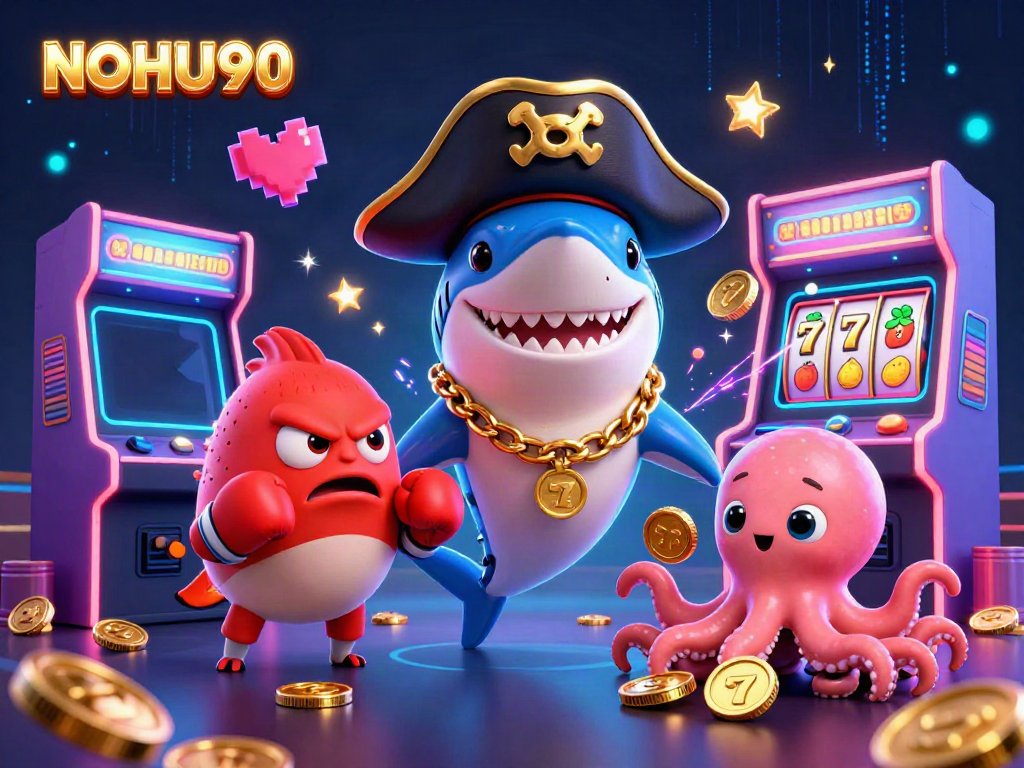 NoHU90 showcases an energetic casino scene with a pirate shark and friends amidst slot games.