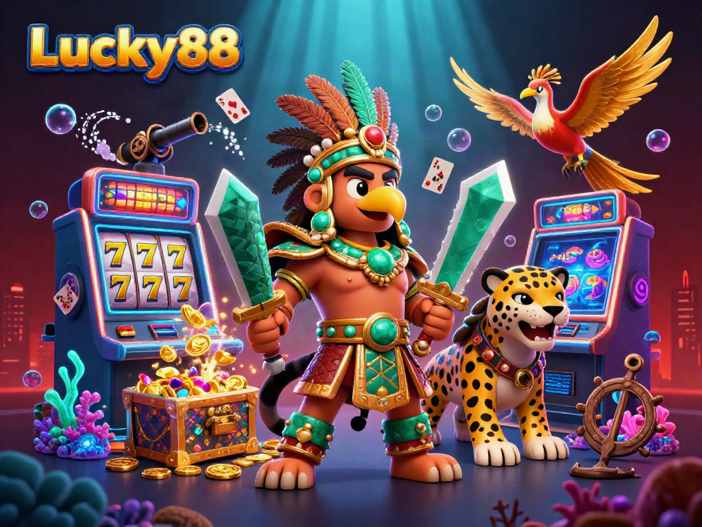 Experience winning excitement at Lucky88 with dynamic slot games, colorful coins, and vibrant casino elements.