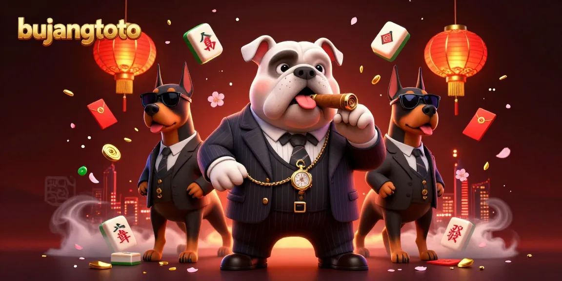 Bujangtoto-themed illustration showing a mafia bulldog and bodyguards in a vibrant casino setting.