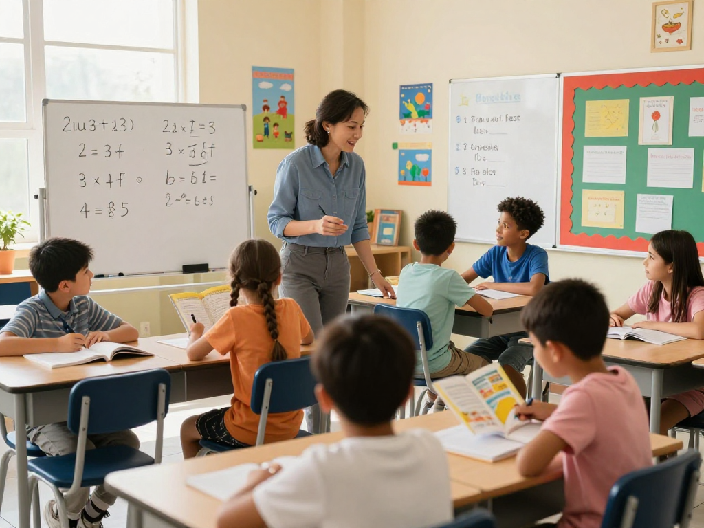 Math and English tutors engaging with students in a bright classroom full of educational resources and learning activities.