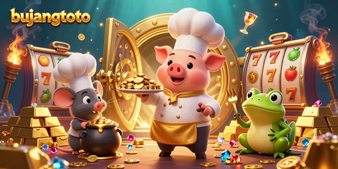 Bujangtoto showcases a wealth of casino treasures in a vibrant 3D scene filled with gold coins and slot symbols.