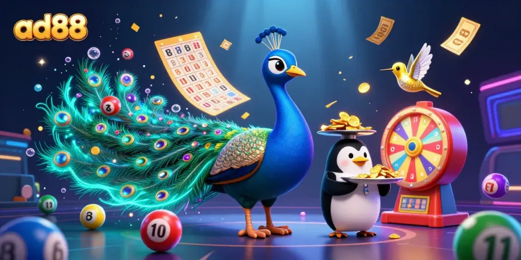 Engage in fun with ad88 as a colorful lottery-themed scene featuring vibrant characters.