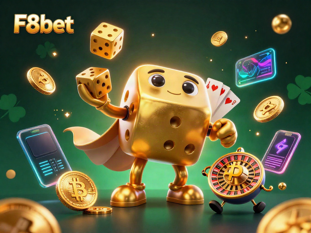 Engage with F8bet's vibrant gaming world, featuring a golden dice golem and crypto elements.
