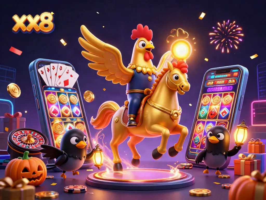 Engage with the electrifying xx8 experience, featuring a golden rooster in a sparkling casino