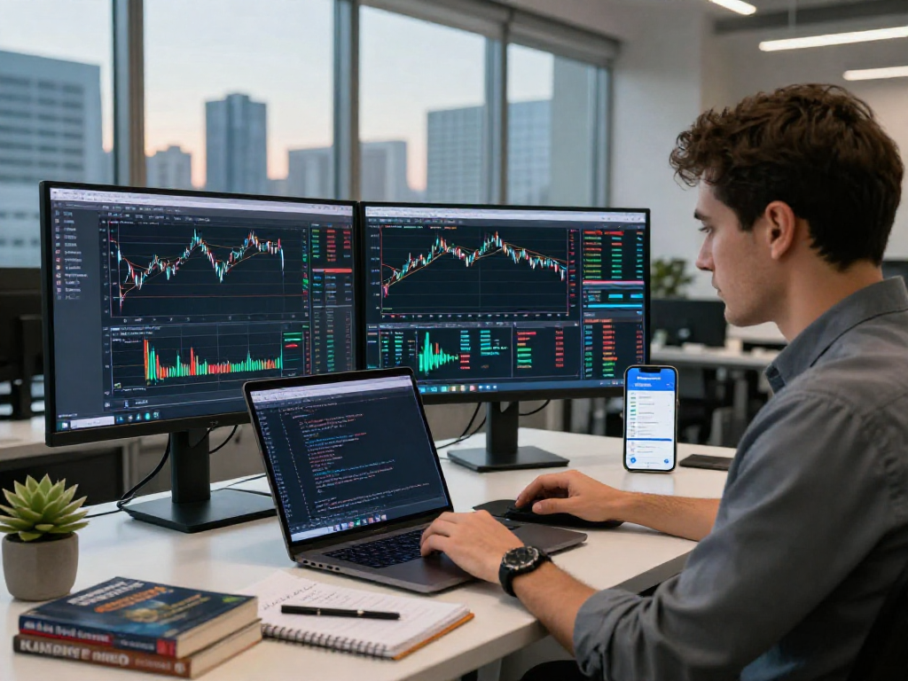 Trader analyzing market data on TradingView at a modern workstation with multiple screens and city skyline.