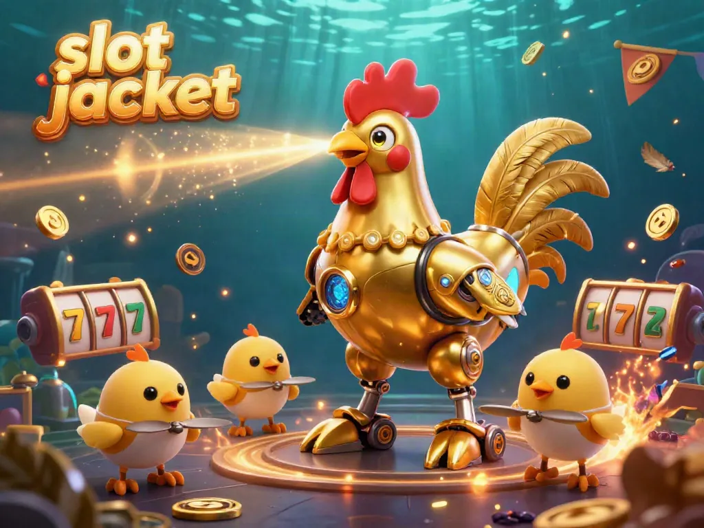 Engage with the thrilling slot jackpot scene featuring a golden rooster robot and baby chick drones.