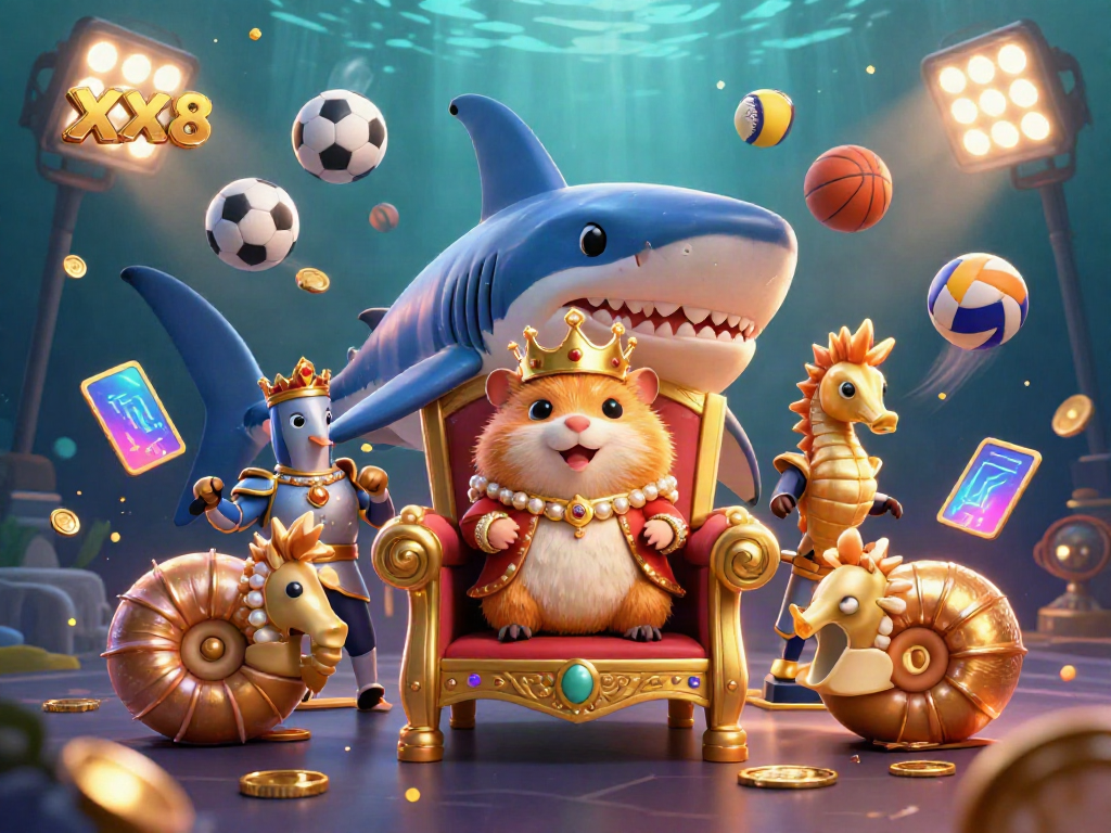 Experience the excitement of XX8 with a dynamic underwater scene featuring a golden hamster king, seahorse guards, and sports elements.