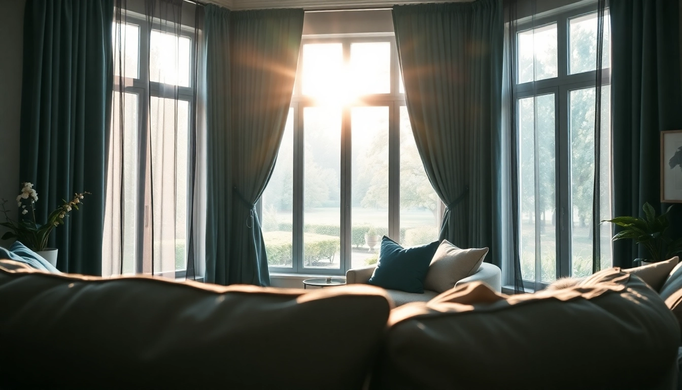 Verduisterende gordijnen in een stijlvolle woonkamer creëren een gezellige en donkere sfeer.