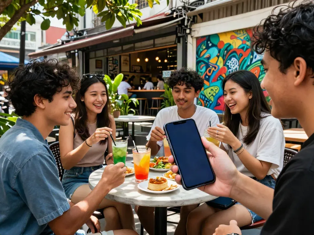 Group of friends enjoying rokok88 app at a trendy café in vibrant Indonesian city.
