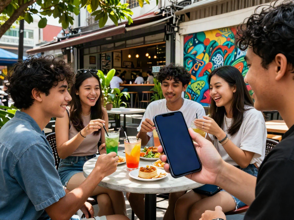 Group of friends enjoying rokok88 app at a trendy café in vibrant Indonesian city.