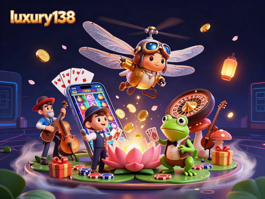 Experience luxury138 through thrilling gameplay with a dragonfly pilot and frog croupier in a vibrant casino scene.