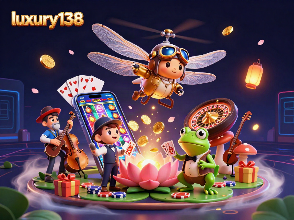 Experience luxury138 through thrilling gameplay with a dragonfly pilot and frog croupier in a vibrant casino scene.