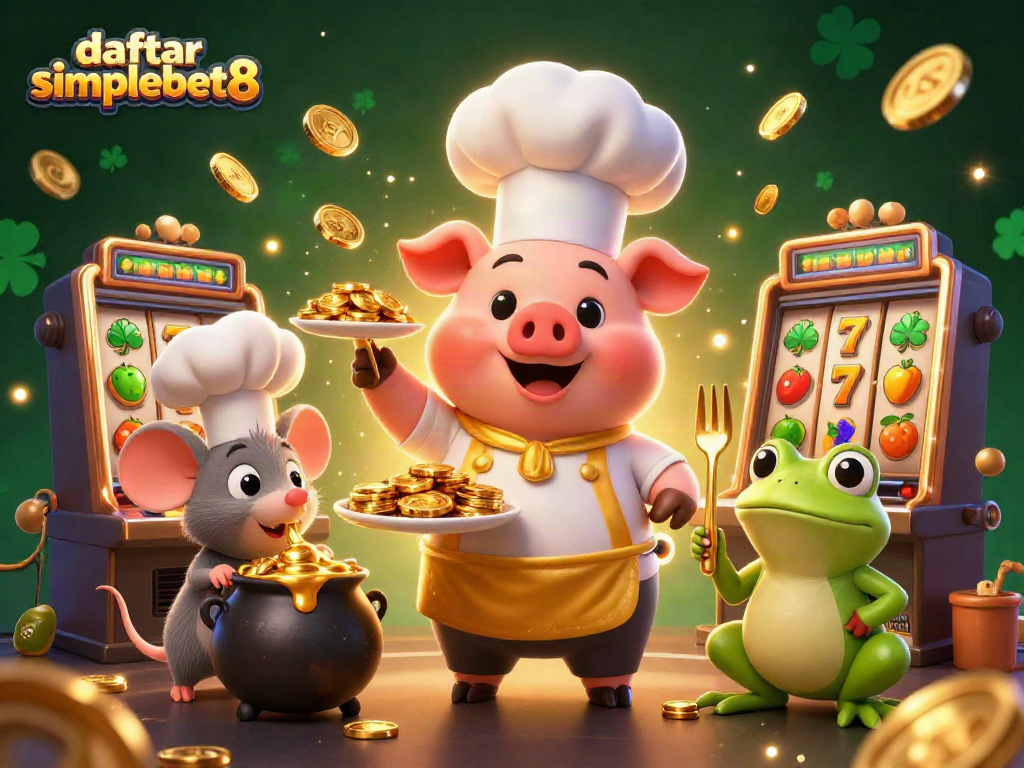 Engage in thrilling gameplay and win with daftar simplebet8, featuring vibrant characters and slot machines.