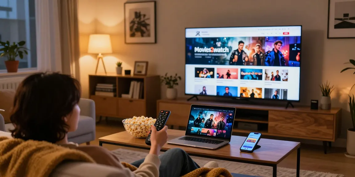 Cozy living room scene with Movies2watch interface on TV, popcorn bowl, inviting atmosphere.