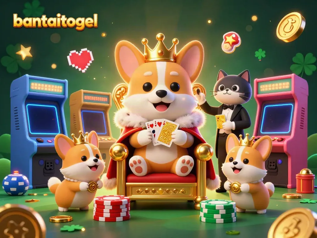 Gambarkan kemenangan di bantaitogel dengan raja corgi di tahta chip poker dikelilingi mesin permainan 3D yang berkilau.