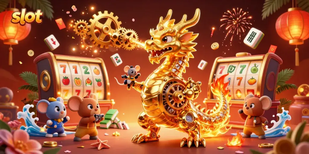 Spin vibrant slot machines with a golden dragon and festive symbols in this dynamic casino scene.