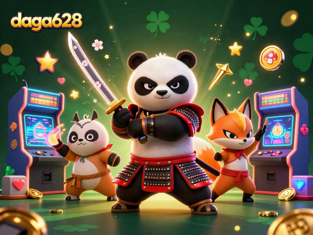 daga628 showcases a samurai panda and ninja fox in a vibrant, magical gambling scene with dynamic casino elements.