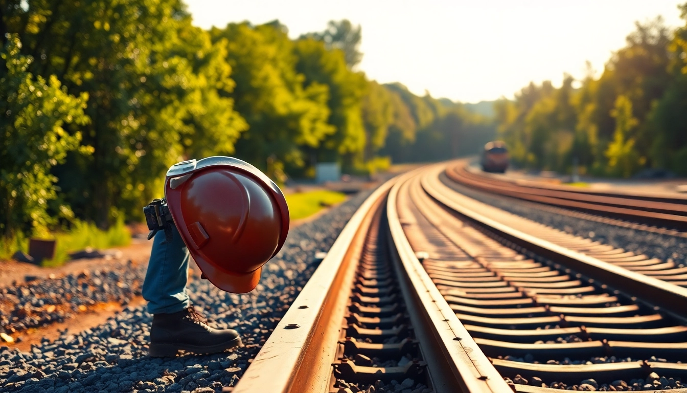 Railroad Contractors Near Me assessing tracks with safety gear in a vibrant rural environment.