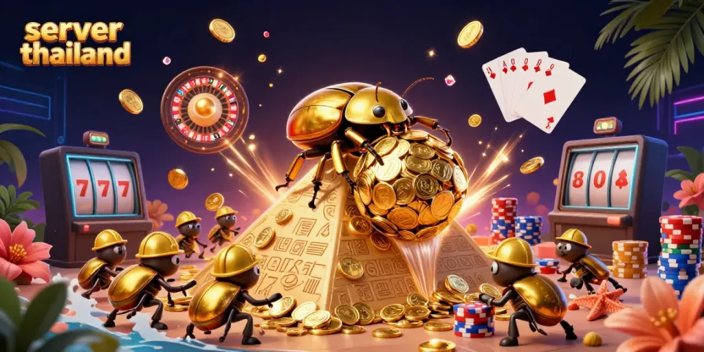 Engage with server thailand through a vibrant casino scene featuring sparkling coins and gaming symbols.