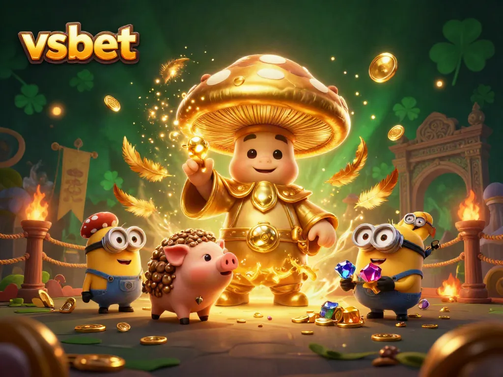 Engage in thrilling gaming adventures with VSBET's magical golden characters surrounded by vibrant casino elements.