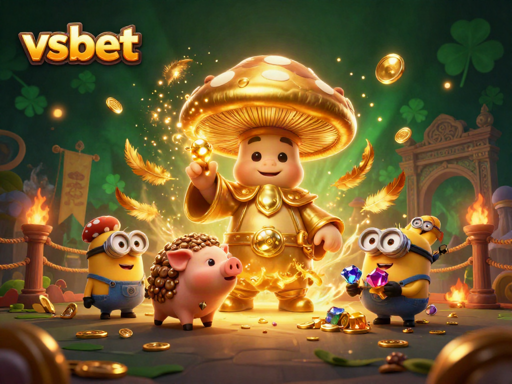 Engage in thrilling gaming adventures with VSBET's magical golden characters surrounded by vibrant casino elements.