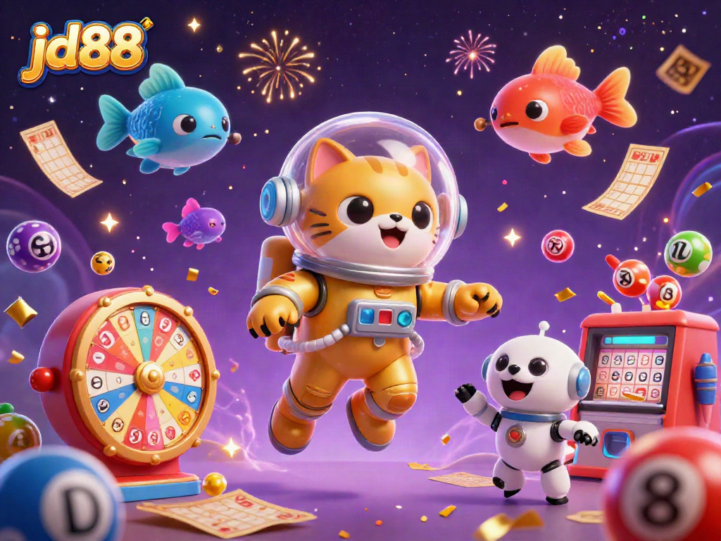 Engage with dynamic JD88 gaming action featuring colorful lottery elements and characters in a cosmic scene.