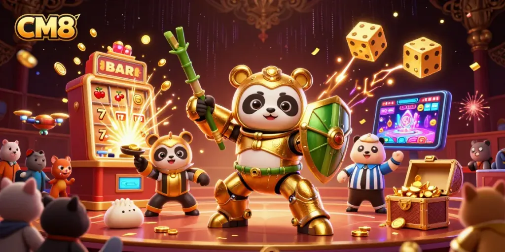 Experience the excitement of CM8 casino gaming with vibrant slot machines and engaging characters.