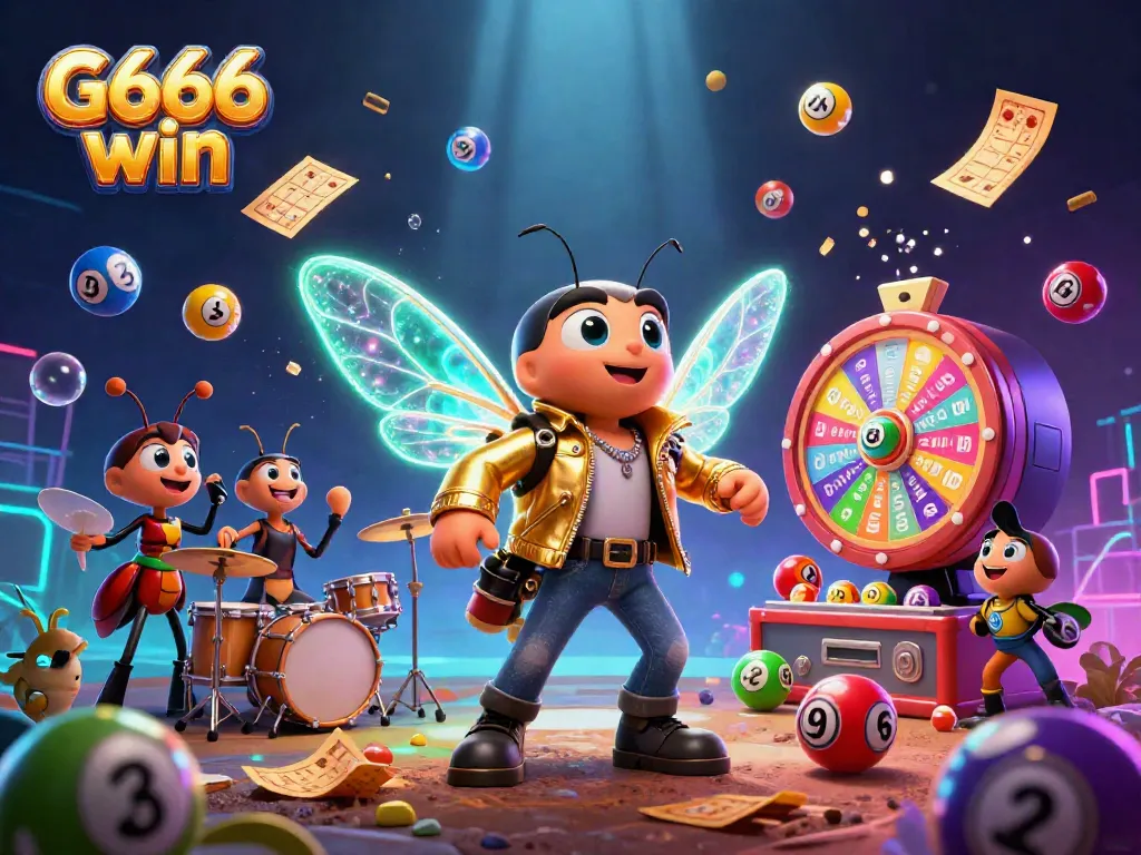 Engage in the vibrant atmosphere of G666 win as a cartoon rock star and friends celebrate with games and excitement.