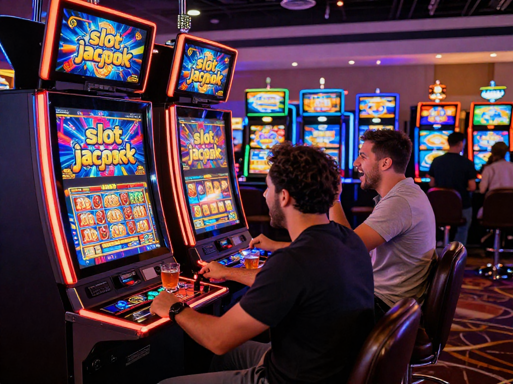 Exciting casino scene with players celebrating a slot jackpot win amidst vibrant lights and sounds.