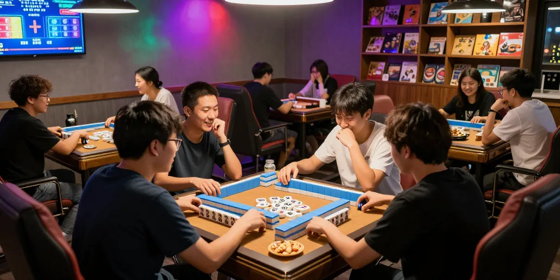 MahjongJP88 enthusiasts enjoying a lively game night with detailed tiles and vibrant atmosphere.
