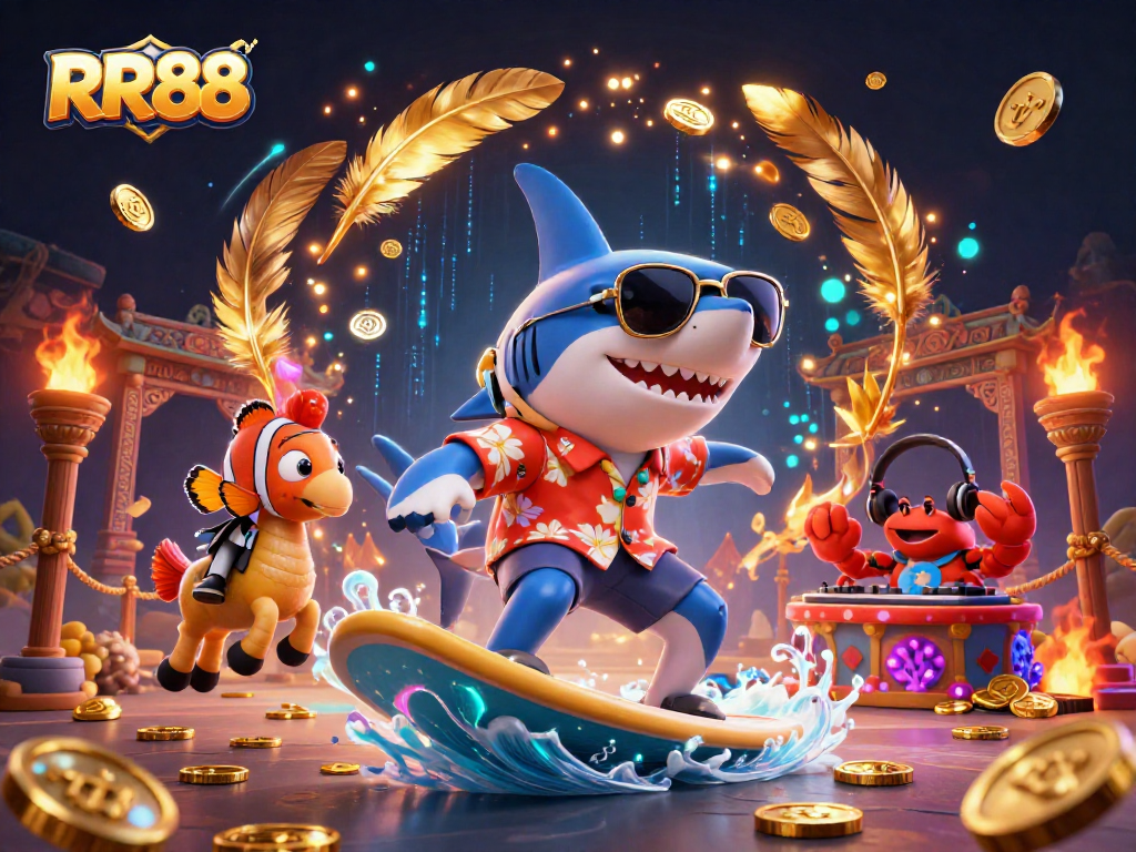 Experience thrilling gameplay at RR88 with vibrant characters surfing gold coins and exciting casino elements.