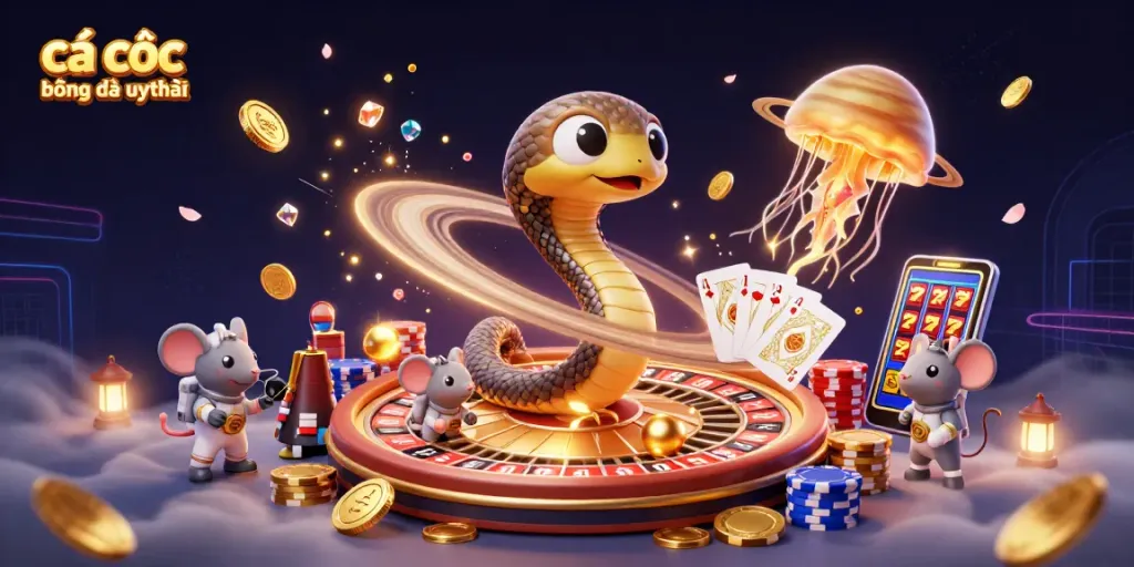 Cá cược bóng đá uy tín với hình ảnh sinh động về các nhân vật thú vị đang chơi cùng nhau trong vũ trụ.