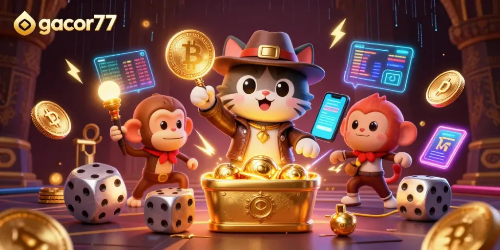 Gacor77 menampilkan kucing penjelajah 3D menemukan artefak jackpot emas di kuil yang dikelilingi koin digital dan efek energi.