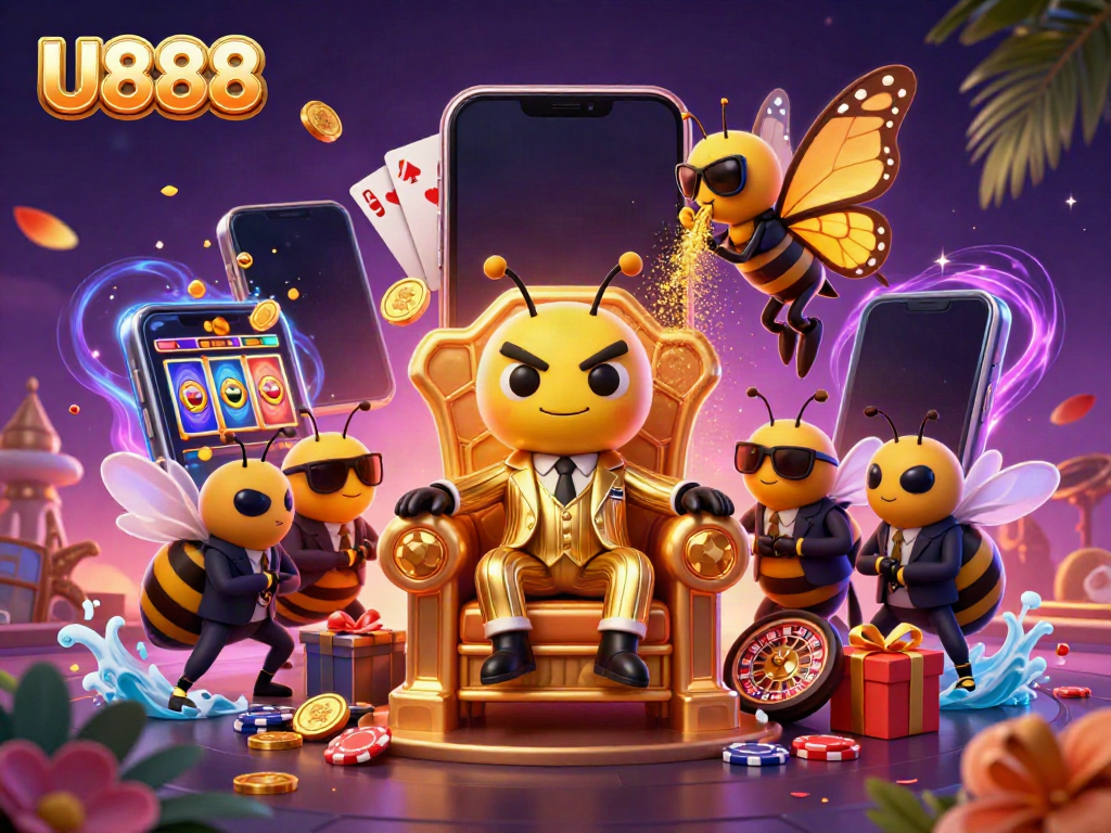 Experience the excitement of U888 with vibrant game elements and characters in a dynamic casino scene.