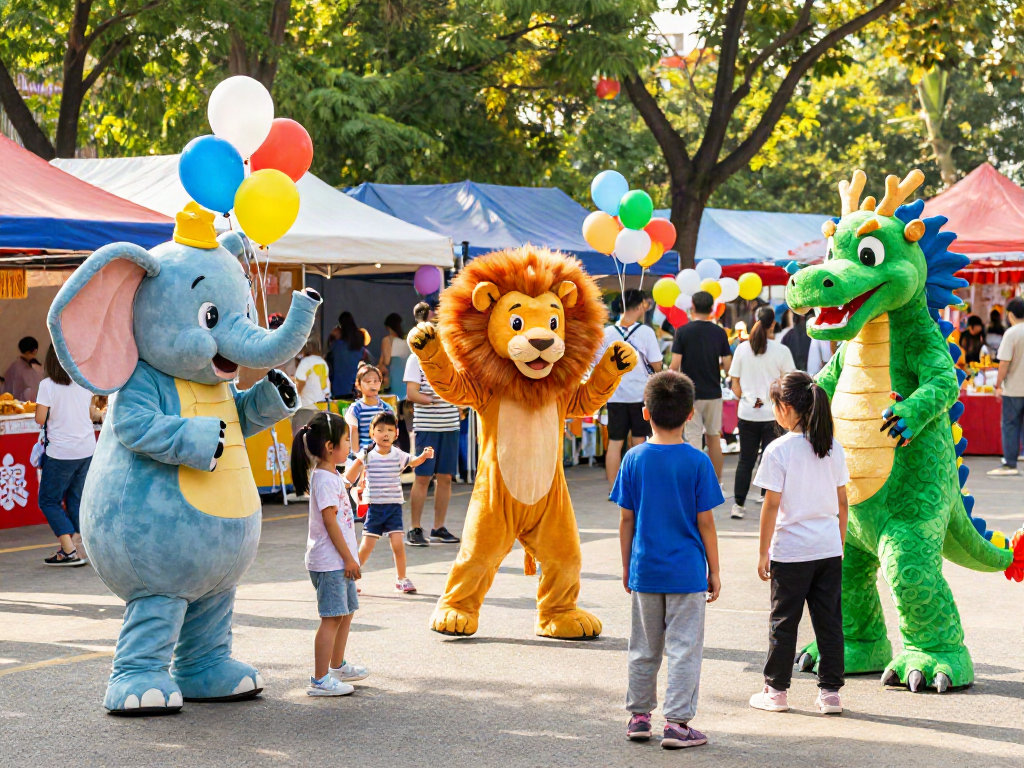 Children posing with mascot costumes at a lively outdoor fair, showcasing fun and excitement.