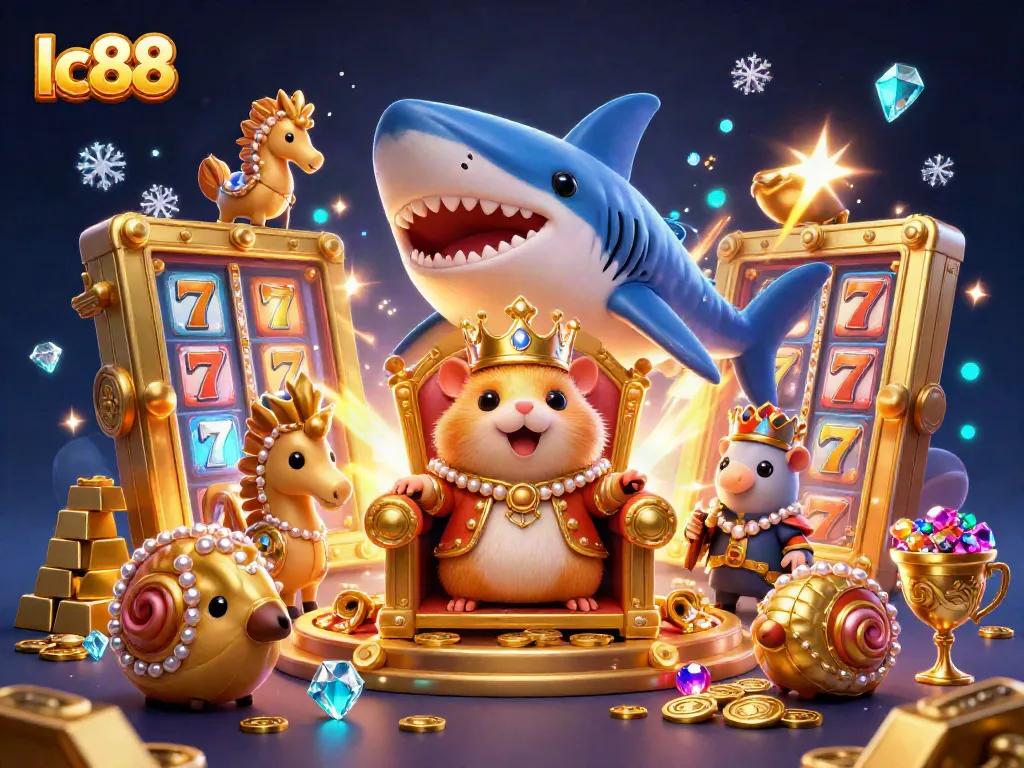 Engage in the thrilling lc88 casino experience with a vibrant 3D illustration showcasing a hamster king amidst slot machine elements.