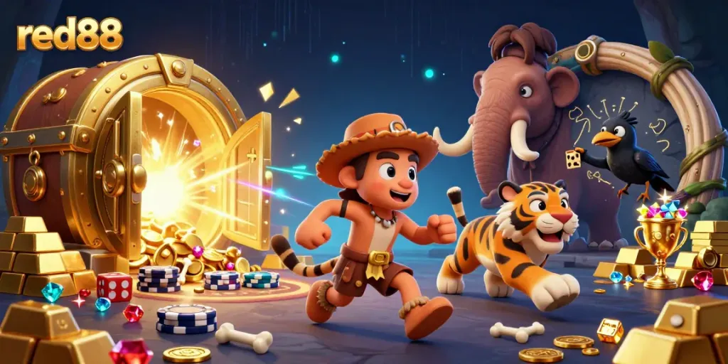 Experience thrilling gameplay on red88 with a dynamic prehistoric casino scene featuring a caveman, saber-tooth tiger, and clever crow.