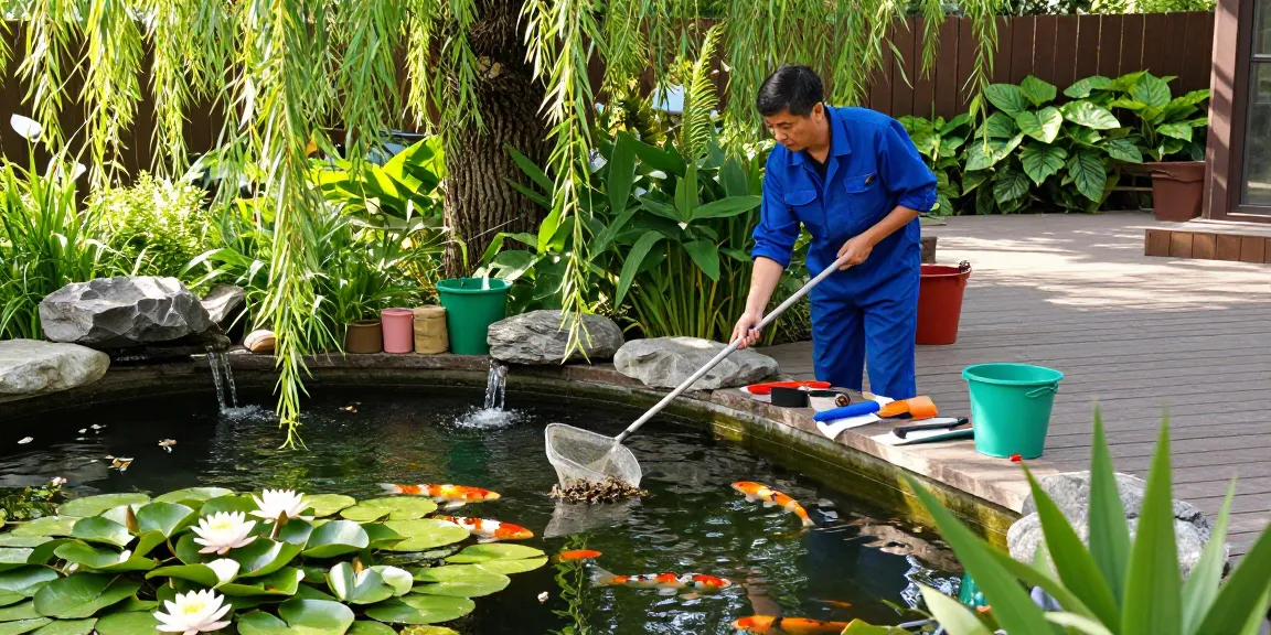 Pond cleaning Surrey professional maintaining a serene backyard pond.