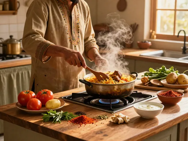 Preparing best and authentic biryani in a vibrant Pakistani kitchen with fresh ingredients and spices.