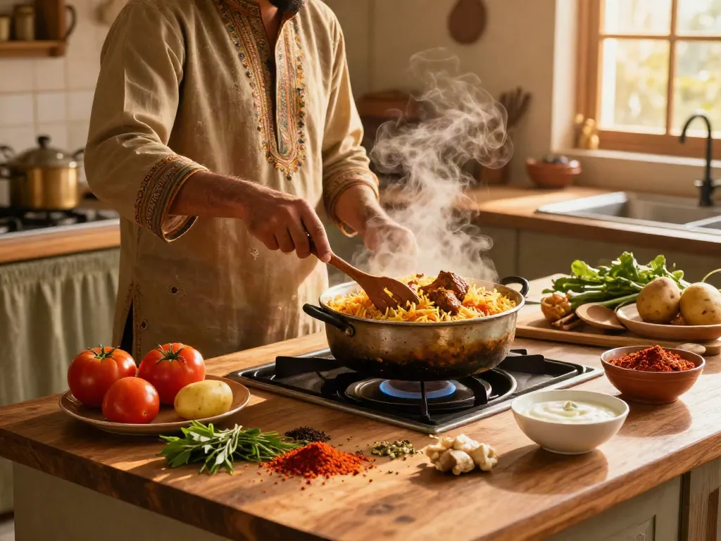 Preparing best and authentic biryani in a vibrant Pakistani kitchen with fresh ingredients and spices.