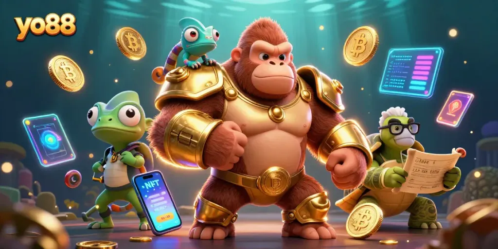 Experience excitement at yo88 with a vibrant scene featuring a powerful gorilla and gaming elements.