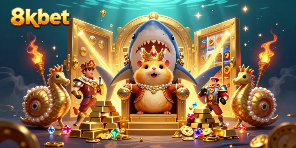 Experience the thrill of 8xbet with a fierce golden hamster king ruling over treasures in an underwater casino scene.