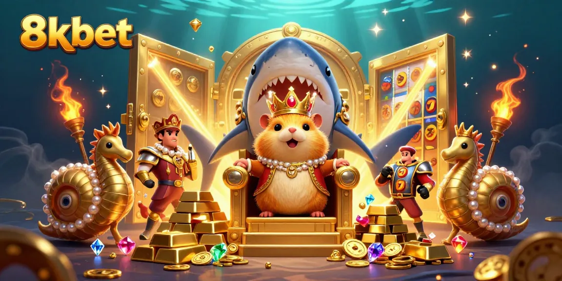 Experience the thrill of 8xbet with a fierce golden hamster king ruling over treasures in an underwater casino scene.